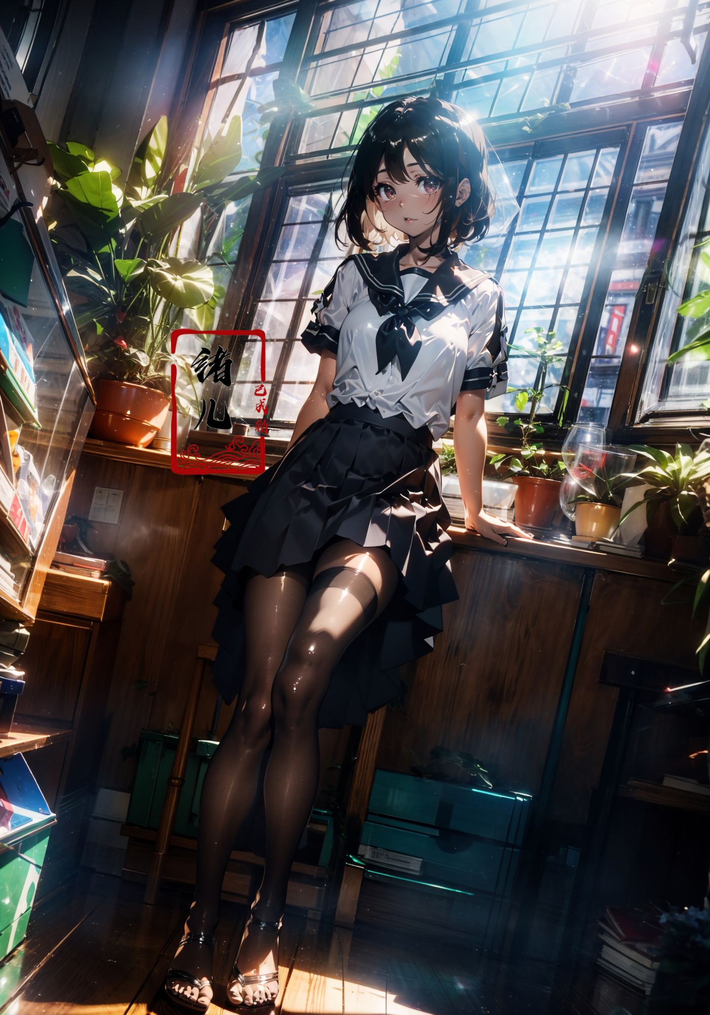 606247209521969384-571521375-Epic CG masterpiece, an anime girl in a room with plants, no shoes, Black transparent pantyhose, pleated skirt, Sailor suit, sai.jpg